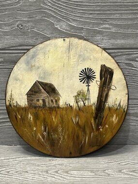 Vintage Hand Painted Round Wooden Plaque Farm Scene 11” Country Windmill